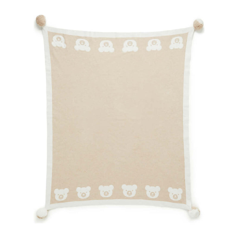 Border Pom Pom Blanket - Latte Melange Bear
