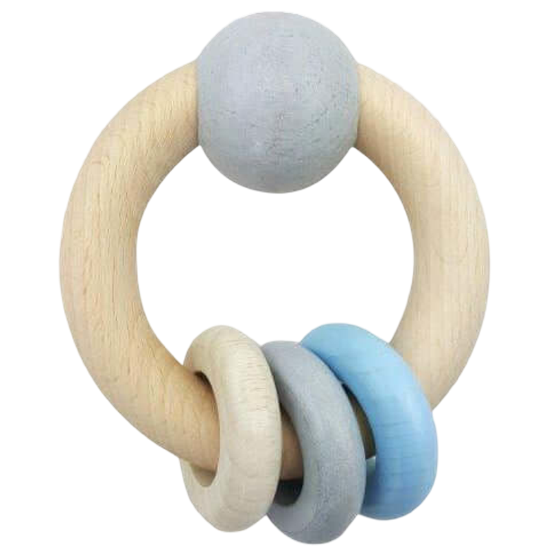 Round Rattle With Ball and 3 Rings - Natural Blue