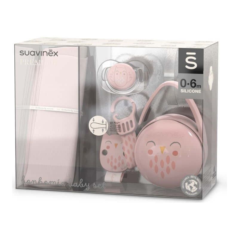 Suavinex Bonhomia Owl Baby 4 piece Gift Set -  Pink