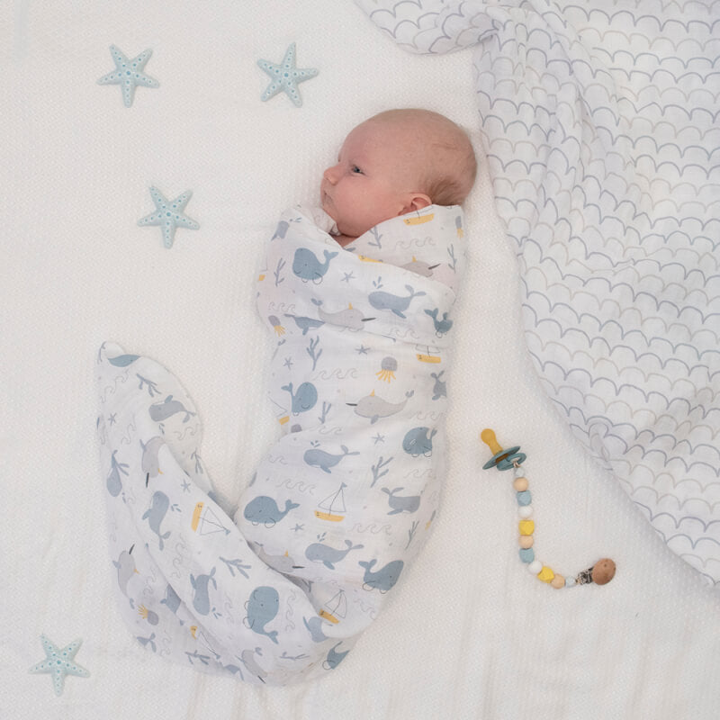 Living Textiles Muslin Swaddle & Pram Pegs - Whales