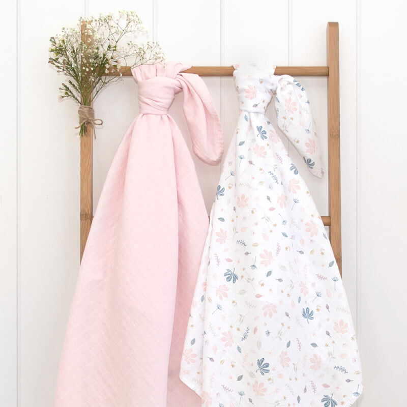 Living Textiles Organic Muslin Swaddle Wraps 2 Pack - Botanical/Blush