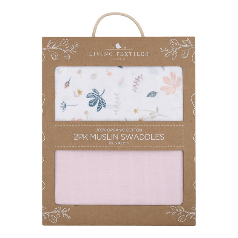 Living Textiles Organic Muslin Swaddle Wraps 2 Pack - Botanical/Blush