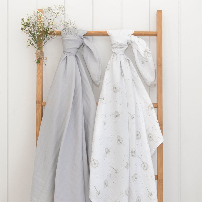 Living Textiles Organic Muslin Swaddle Wraps 2 Pack - Dandelion/Grey