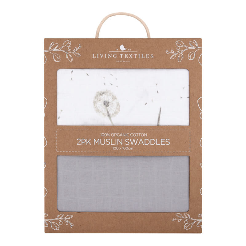 Living Textiles Organic Muslin Swaddle Wraps 2 Pack - Dandelion/Grey