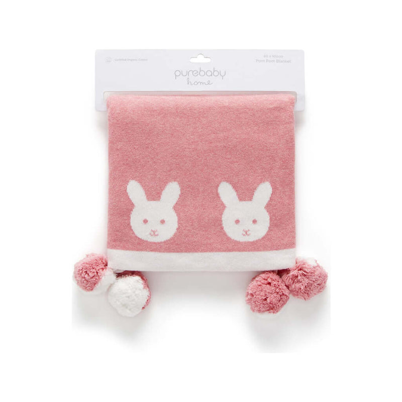 Purebaby Border Pom Pom Blanket - Crabapple Melange Bunny