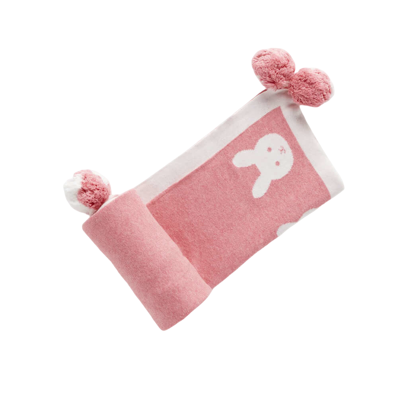 Purebaby Border Pom Pom Blanket - Crabapple Melange Bunny
