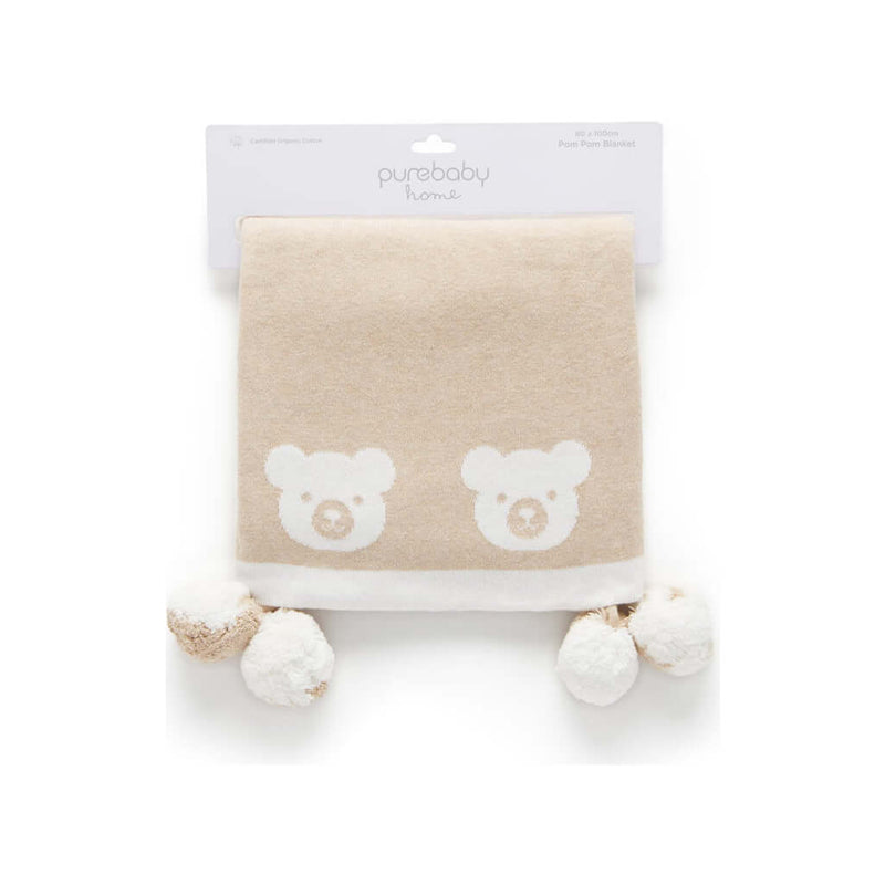 Purebaby Border Pom Pom Blanket - Latte Melange Bear