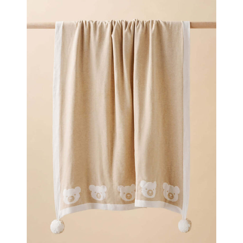 Border Pom Pom Blanket - Latte Melange Bear