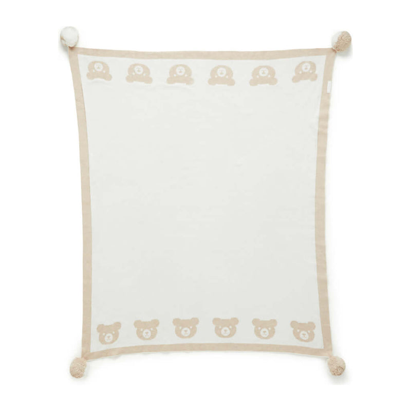 Border Pom Pom Blanket - Latte Melange Bear