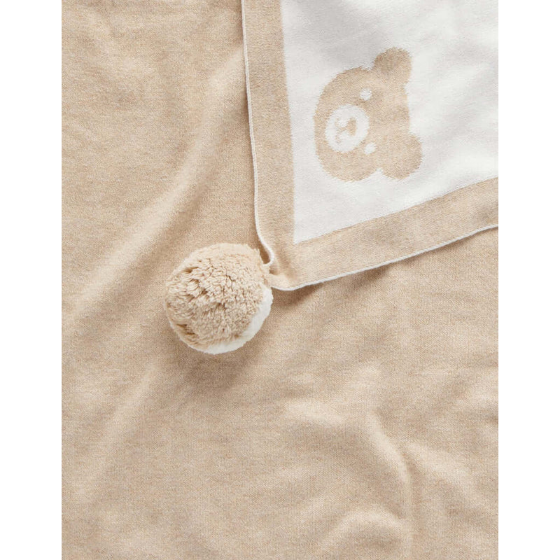 Border Pom Pom Blanket - Latte Melange Bear