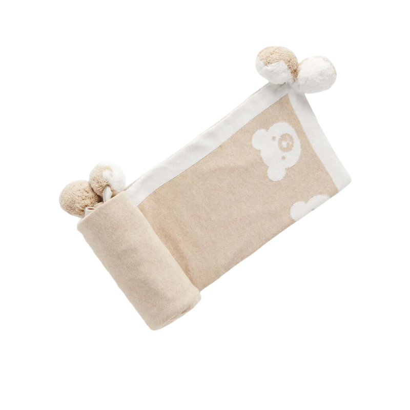 Border Pom Pom Blanket - Latte Melange Bear