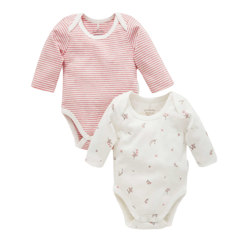 Purebaby Easy Neck L/S Bodysuit 2 Pack - Vanilla Blossom Pack (0000)