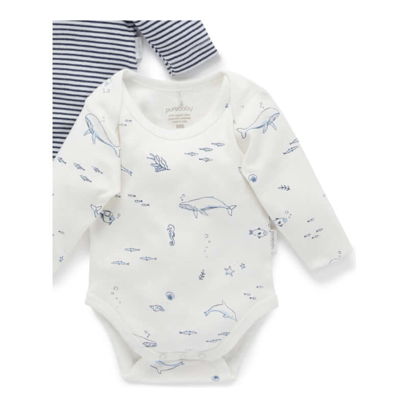 Purebaby Easy Neck L/S Bodysuit 2 Pack - Vanilla Nautical Pack (0000)