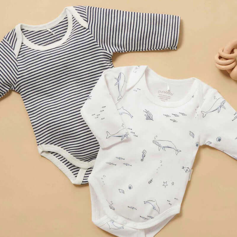 Purebaby Easy Neck L/S Bodysuit 2 Pack - Vanilla Nautical Pack (0000)