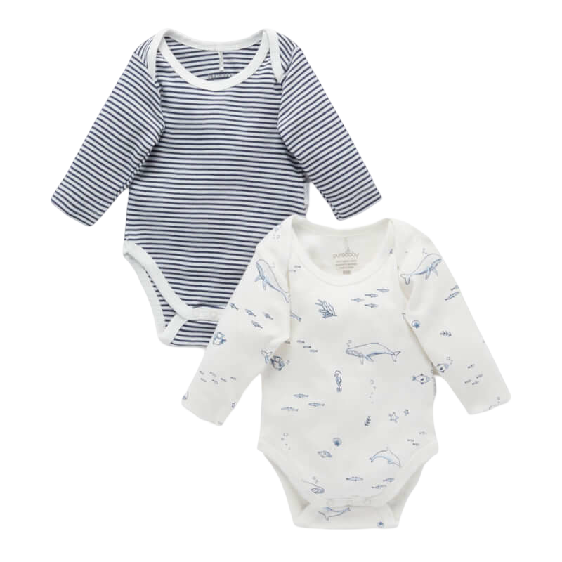 Purebaby Easy Neck L/S Bodysuit 2 Pack - Vanilla Nautical Pack (0000)